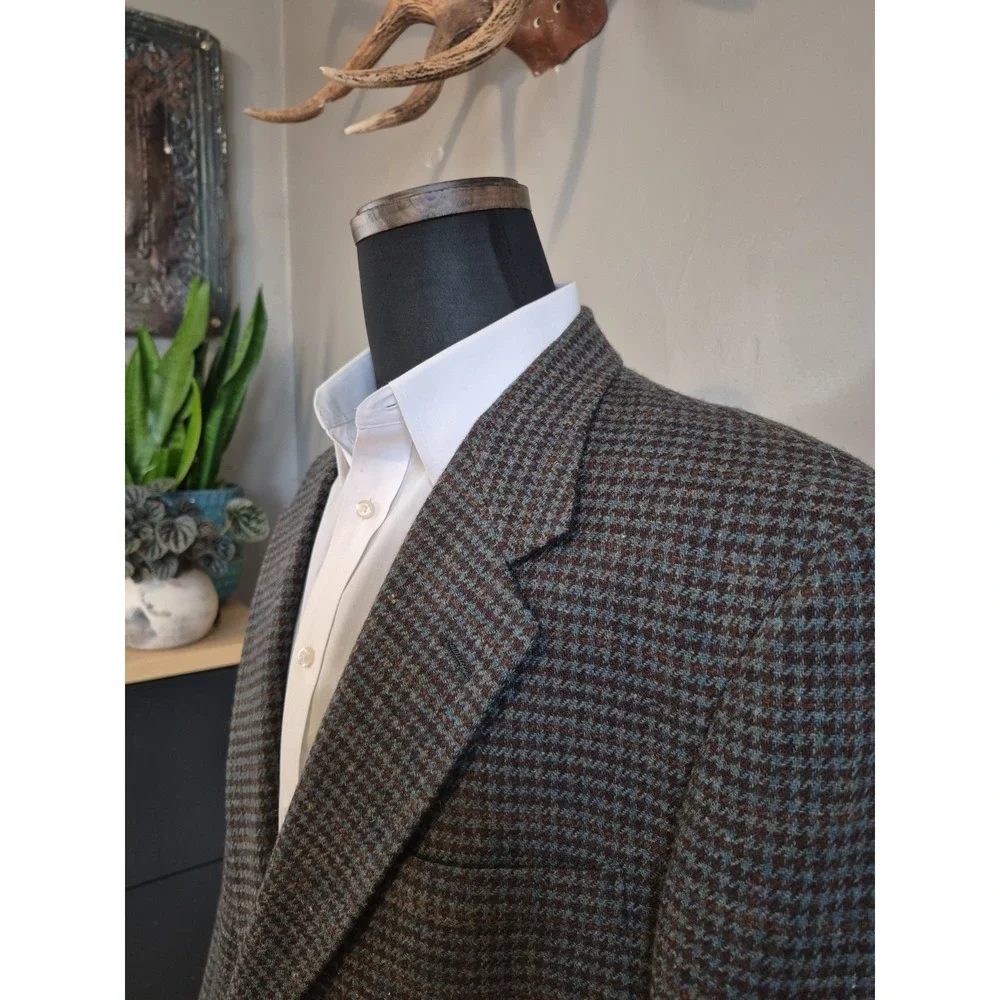 Allyn Saint George Mens Vintage Wool Sports Coat 45L Teal Brown Check USA W706